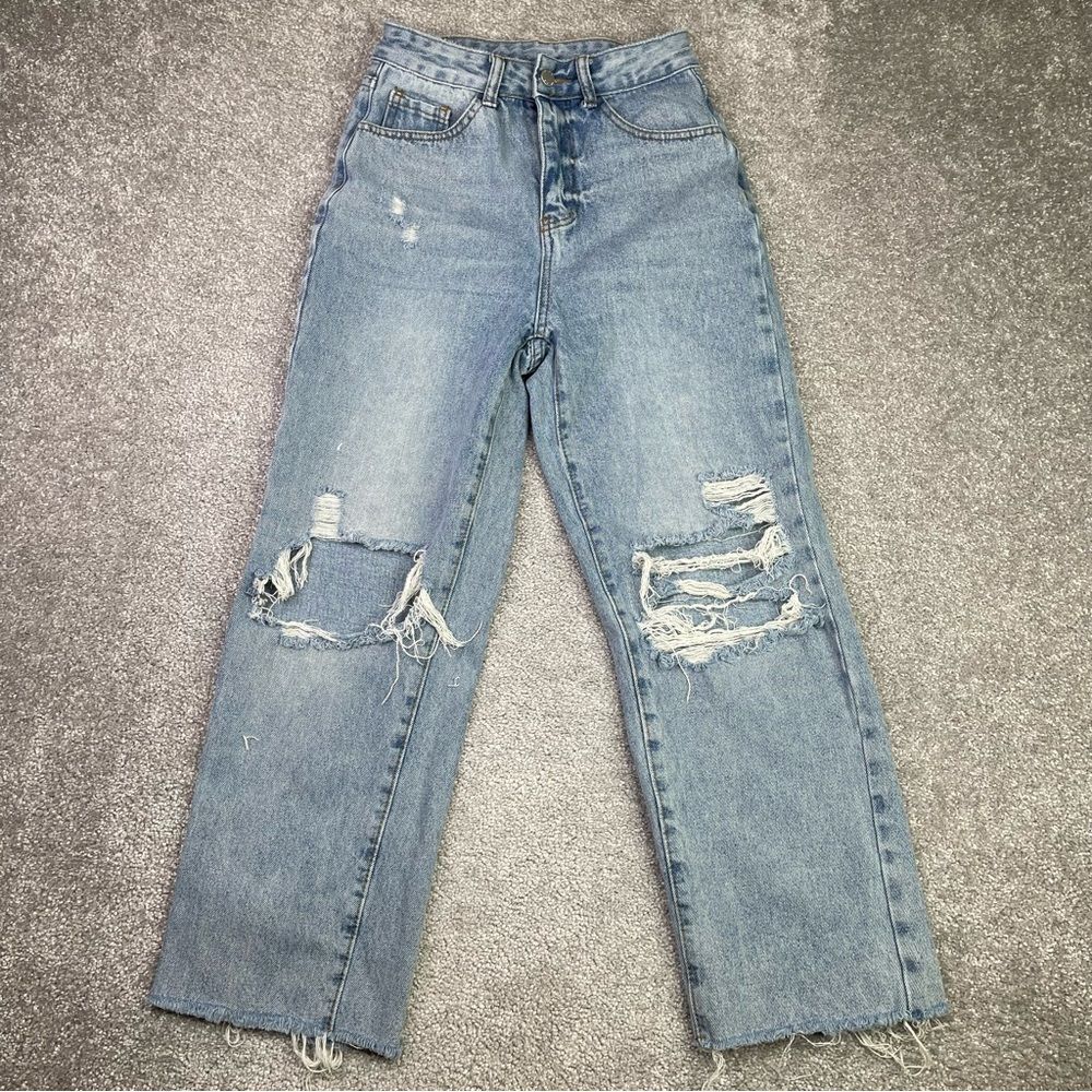 SHEIN Jeans Women’s XS (00) Blue Straight High Rise Denim Torn Ripped